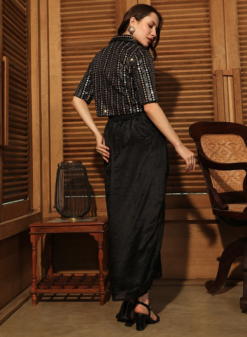 Qissa  Women's Onyx Black Aureate Mirror Co-Ord Set For Casual Wear | Cuban Collar | Short Regular Sleeves | 2 Piece Co-Ords Designed With Comfort Fit For Everyday Ethnic Wear for Women | Best Price UAE